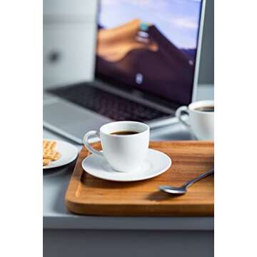 YHOSSEUN Espresso Cups and Saucers with Metal Stand, Porcelain Demitasse Cups Set for Espresso, Latte, Cafe Mocha, Cappuccino and Tea, 3 Ounce, Set of 6, White