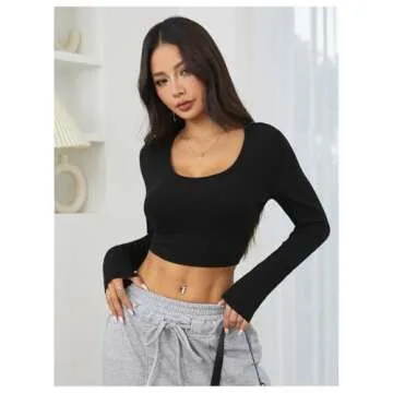 Verdusa Women's Square Neck Slim Fitted Crop Top Tee Long Sleeve T Shirt Black S