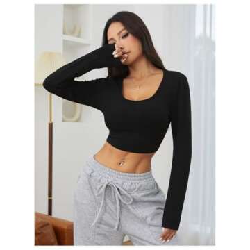 Verdusa Women's Square Neck Slim Fitted Crop Top Tee Long Sleeve T Shirt Black S