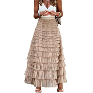 Perbai Womens Long Maxi Tulle Skirt High Waisted A Line Layered Tiered Mesh Skirts Petticoat(Champag...