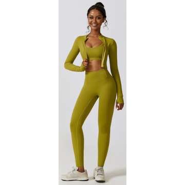 3 Piece Workout Sets for Women with Strappy Sports Bras High Waist Leggings Crop Top Jacket Gym Yoga Outfit M Neon Green