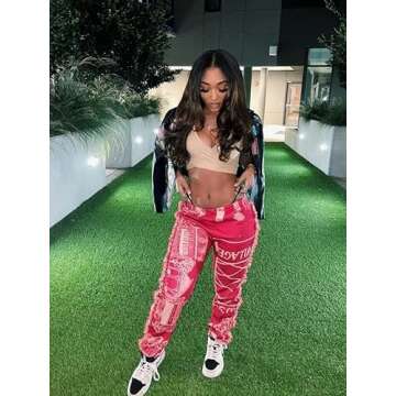 NIFTRIRY Women Hippie Tassel Pattern Printing Elastic Pants Folk Style Ninth Straight Pants Party Music Festival Wear