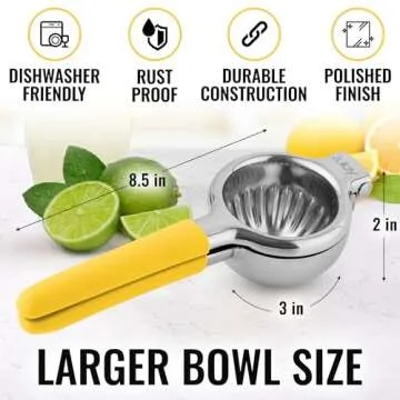 Zulay Lemon Squeezer Stainless Steel with Premium Heavy Duty Solid Metal Squeezer Bowl and Food Grade Silicone Handles - Large Manual Citrus Press Juicer and Lime Squeezer Stainless Steel (Yellow)