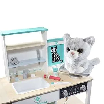 Vet Center Pretend Pet Hospital Playset- Wooden Animal Interactive Medical Checkup Set with Toy Cat, X-Ray Cards Stethoscope & Veterinarian Medical Accessories, Fun Doctor Role Play Gift for Kids
