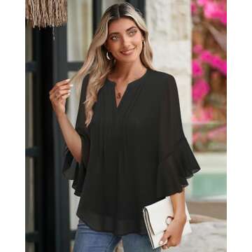 Timeson 3/4 Length Sleeve Womens Tops: Business Work - Womens Blouses Casual - Work Shirts for Women Ladies Dressy Office Tops Trendy 2025 Spring Fall Professional Formal Blouse Funeral Attire Black S
