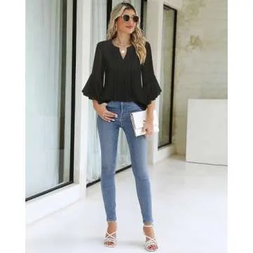 Timeson 3/4 Length Sleeve Womens Tops: Business Work - Womens Blouses Casual - Work Shirts for Women Ladies Dressy Office Tops Trendy 2025 Spring Fall Professional Formal Blouse Funeral Attire Black S