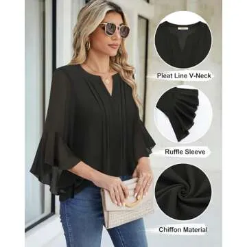 Timeson 3/4 Length Sleeve Womens Tops: Business Work - Womens Blouses Casual - Work Shirts for Women Ladies Dressy Office Tops Trendy 2025 Spring Fall Professional Formal Blouse Funeral Attire Black S