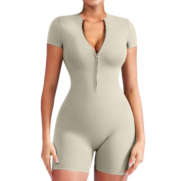 YEOREO Women Short Sleeve Workout Jumpsuit Zip Up Romper Bottom Shorts Bodysuit Bodycon Sexy One Pie...