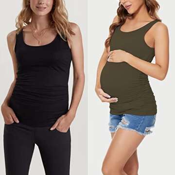 Ecavus 3PCS Womens Layering Maternity Tank Top Pregnancy Shirt Scoop Neck Sleeveless Ruched Vest (M, Black/Grey/Army Green)