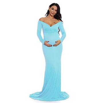 ZIUMUDY Maternity Off Shoulder Photo Shoot Photography Dress Solid Color Baby Shower Dress(X-Large, ...