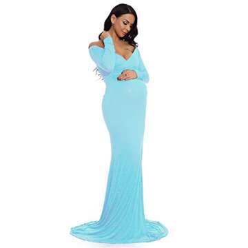 ZIUMUDY Maternity Off Shoulder Photo Shoot Photography Dress Solid Color Baby Shower Dress(X-Large, Light Blue)