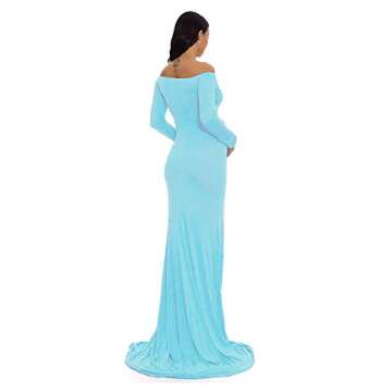 ZIUMUDY Maternity Off Shoulder Photo Shoot Photography Dress Solid Color Baby Shower Dress(X-Large, Light Blue)