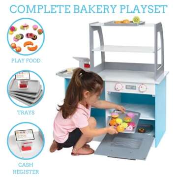 Wooden Bakery Playset Pretend Stand for Kids - 25 Piece Bake Shop Cafe Counter with Food, Donuts, Cake, Chalkboard, Cash Register, Trays & More- Durable Construction for Creative Playtime- Girls Gift