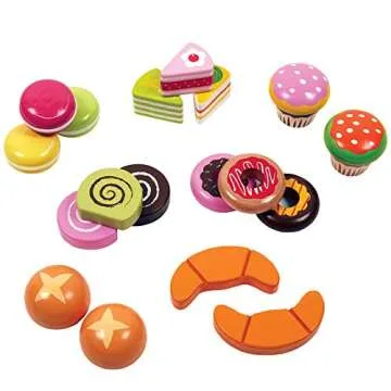 Wooden Bakery Playset Pretend Stand for Kids - 25 Piece Bake Shop Cafe Counter with Food, Donuts, Cake, Chalkboard, Cash Register, Trays & More- Durable Construction for Creative Playtime- Girls Gift