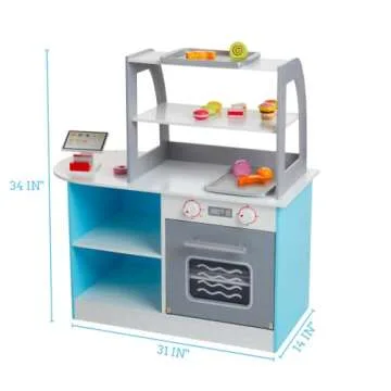 Wooden Bakery Playset Pretend Stand for Kids - 25 Piece Bake Shop Cafe Counter with Food, Donuts, Cake, Chalkboard, Cash Register, Trays & More- Durable Construction for Creative Playtime- Girls Gift