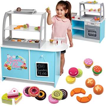 Wooden Bakery Playset Pretend Stand for Kids - 25 Piece Bake Shop Cafe Counter with Food, Donuts, Cake, Chalkboard, Cash Register, Trays & More- Durable Construction for Creative Playtime- Girls Gift