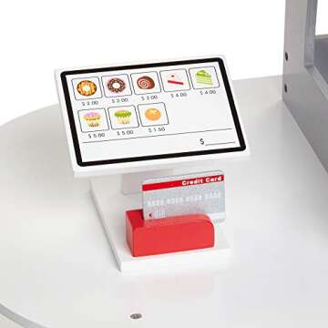 Wooden Bakery Playset Pretend Stand for Kids - 25 Piece Bake Shop Cafe Counter with Food, Donuts, Cake, Chalkboard, Cash Register, Trays & More- Durable Construction for Creative Playtime- Girls Gift