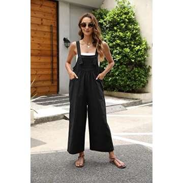 QIBABU Womens Bib Cotton Overalls Baggy Fashion Sleeveless Wide Leg Jumpsuits Casual Summer Strap Lo...