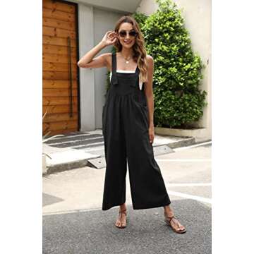 QIBABU Womens Bib Cotton Overalls Baggy Fashion Sleeveless Wide Leg Jumpsuits Casual Summer Strap Long Rompers with Pockets(1666-Black-M-QB)