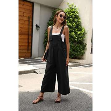 QIBABU Womens Bib Cotton Overalls Baggy Fashion Sleeveless Wide Leg Jumpsuits Casual Summer Strap Long Rompers with Pockets(1666-Black-M-QB)