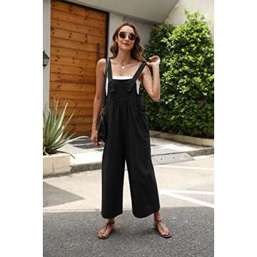 QIBABU Womens Bib Cotton Overalls Baggy Fashion Sleeveless Wide Leg Jumpsuits Casual Summer Strap Long Rompers with Pockets(1666-Black-M-QB)