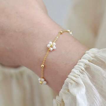 GUOKE Daisy Pearl Flower Bracelet, 14K Gold Plated Dainty Gold Bracelets for Women Daisy Bracelet Simple Jewelry