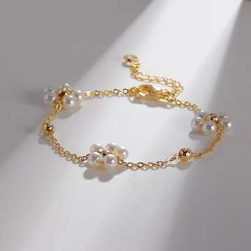 GUOKE Daisy Pearl Flower Bracelet, 14K Gold Plated Dainty Gold Bracelets for Women Daisy Bracelet Simple Jewelry