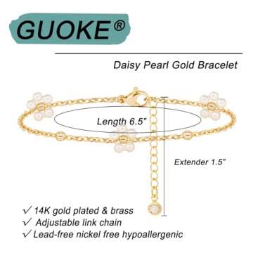 GUOKE Daisy Pearl Flower Bracelet, 14K Gold Plated Dainty Gold Bracelets for Women Daisy Bracelet Simple Jewelry