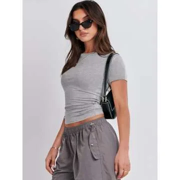 ANRABESS Women’s Short Sleeve Summer T Shirts Crew Neck Slim Fit Basic Tee 2025 Going Out Crop Tops Y2k Outfits Grey Medium