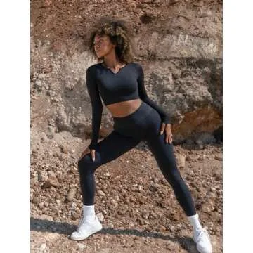 FRESOUGHT Athletic Crop Top Long Sleeve for Women Workout V Neck Running Tops Backless Gym Yoga Seamless Shirts Open Back Active Clothes Black