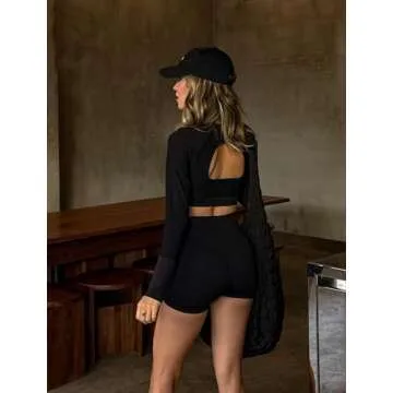 FRESOUGHT Athletic Crop Top Long Sleeve for Women Workout V Neck Running Tops Backless Gym Yoga Seamless Shirts Open Back Active Clothes Black