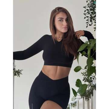 FRESOUGHT Athletic Crop Top Long Sleeve for Women Workout V Neck Running Tops Backless Gym Yoga Seamless Shirts Open Back Active Clothes Black