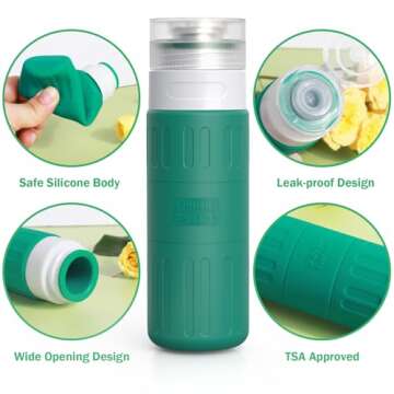 GLAMFIELDS Travel Bottles for Toiletries,TSA Approved 3.3oz Size LeakProof Silicone Toiletry Containers for Shampoo, Conditioner,Easy to Squeeze，Portable Travel Essentials for Lotion(18 Pack) Green
