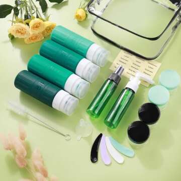 GLAMFIELDS Travel Bottles for Toiletries,TSA Approved 3.3oz Size LeakProof Silicone Toiletry Containers for Shampoo, Conditioner,Easy to Squeeze，Portable Travel Essentials for Lotion(18 Pack) Green