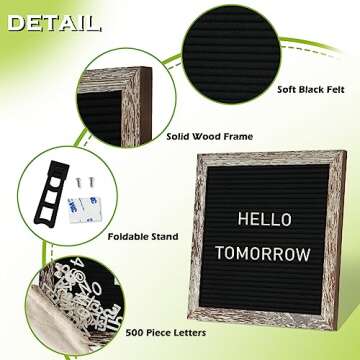 4 THOUGHT Letter Board Sign with 500 Letters 10" x 10" Felt Letter Board with Stand for Back to School Rustic Brown Wooden Frame Message Board Black Announcement Board Birthday Decor