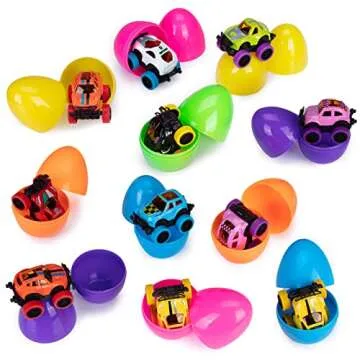 ThinkMax 12pcs Easter Eggs Prefilled with Pull Back Cars, with toys inside for Easter Eggs Hunt, Easter Basket Stuffers, Party Favor, and Classroom Prize Supplies