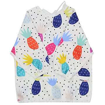 Pikababy Long Sleeved Bib | Easy-Wear & Take-off Bibs with Pocket | Washable Easy-Clean Bibs | Waterproof Baby Bibs | Stain & Odor Resistant Smock | Baby Boy Girl | 6-24 Months (Pineapple)