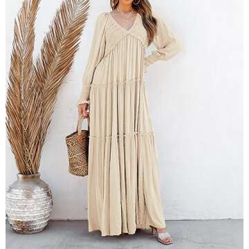 R.Vivimos Maxi Dress for Women Long Sleeve V Neck Empire Waist Layered Ruffle Boho Casual Flowy Long Dresses (Small, Beige)