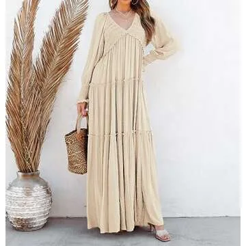 R.Vivimos Maxi Dress for Women Long Sleeve V Neck Empire Waist Layered Ruffle Boho Casual Flowy Long Dresses (Small, Beige)