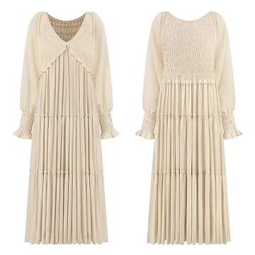 R.Vivimos Maxi Dress for Women Long Sleeve V Neck Empire Waist Layered Ruffle Boho Casual Flowy Long Dresses (Small, Beige)