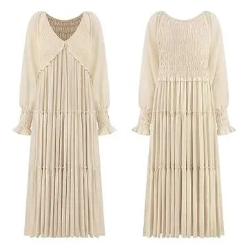 R.Vivimos Maxi Dress for Women Long Sleeve V Neck Empire Waist Layered Ruffle Boho Casual Flowy Long Dresses (Small, Beige)
