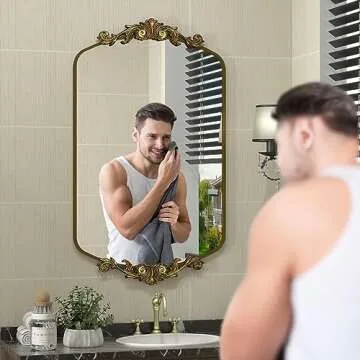 SMIROR Arched Gold Antique Mirror 48x 32, Arch Vintage Mirror for Wall, Metal Framed Baroque Mirror ...