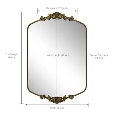 SMIROR Arched Gold Antique Mirror 48x 32, Arch Vintage Mirror for Wall, Metal Framed Baroque Mirror for Bathroom Vanity Mantel