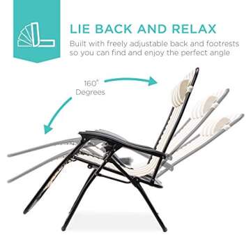 Best Choice Products Set of 2 Adjustable Steel Mesh Zero Gravity Lounge Chair Recliners w/Pillows and Cup Holder Trays - Tan Striped