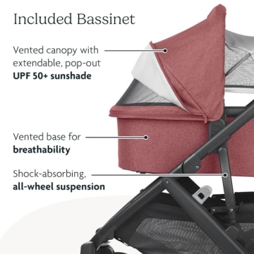 UPPAbaby Vista V2 Stroller/Convertible Single-to-Double System/Bassinet, Toddler Seat, Bug Shield, Rain Shield, and Storage Bag Included/Lucy (Rosewood Mélange/Carbon Frame/Saddle Leather)