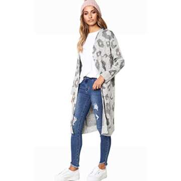 Angashion Women's Cardigan Long Sleeves Leopard Print Knitting Sweater Open Front Warm Outwear Coats Gray M
