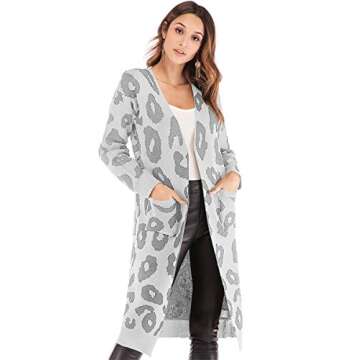 Angashion Women's Cardigan Long Sleeves Leopard Print Knitting Sweater Open Front Warm Outwear Coats Gray M