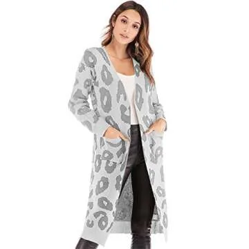 Angashion Women's Cardigan Long Sleeves Leopard Print Knitting Sweater Open Front Warm Outwear Coats Gray M