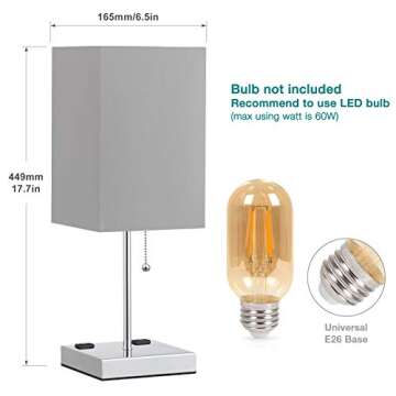 aooshine Table Lamp with Outlet, Bedside Lamp with Dual 2-Pin Charging Ports, Grey Shade & Sliver Ba...