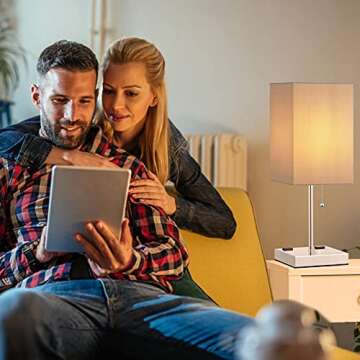 aooshine Table Lamp with Outlet, Bedside Lamp with Dual 2-Pin Charging Ports, Grey Shade & Sliver Base, Suitable for Bedroom，Nightstand, Livingroom, Office, Kids Room